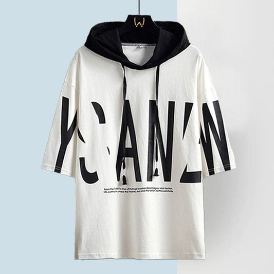 Cotton Blend Printed Half Sleeves Mens Hooded Neck T-Shirt