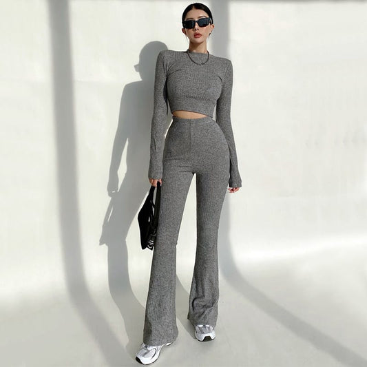 Bosc Co-ords Crop Top with flared trouser - Dark grey - C1998212